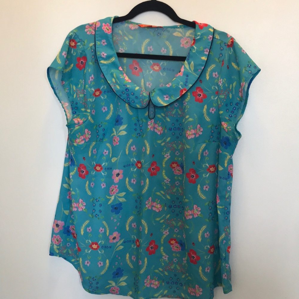 ModCloth wild botanical aqua blouse